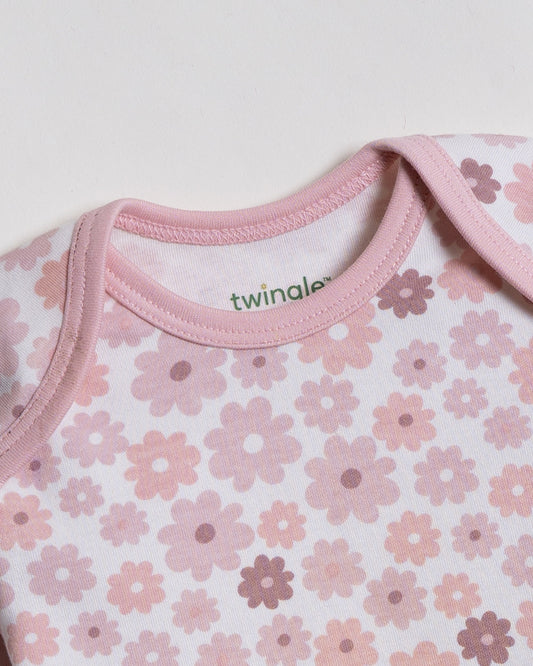 Twingle 100% Organic Cotton Bodysuit-Envelope Neck for Easy Dressing-Nickel Free Snaps-Floral Print-Pastel Pink-Pack of 2-For Infants