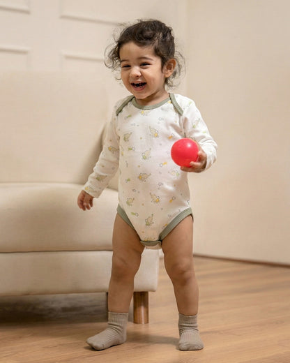 Twingle 100% Organic Cotton Baby Bodysuit-Long Sleeves-Nickel Free Snaps-White-Elephant Print-For Infants