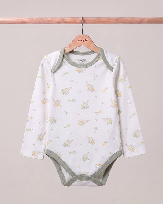 Twingle 100% Organic Cotton Bodysuit-Envelope Neck for Easy Dressing-Nickel Free Snaps-Long Sleeves-Elephant Print-White-For Infants