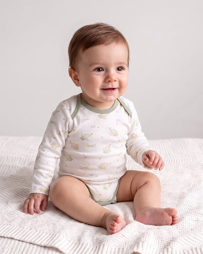 Twingle 100% Organic Cotton Bodysuit-Envelope Neck for Easy Dressing-Nickel Free Snaps-Long Sleeves-Elephant Print-White-For Infants