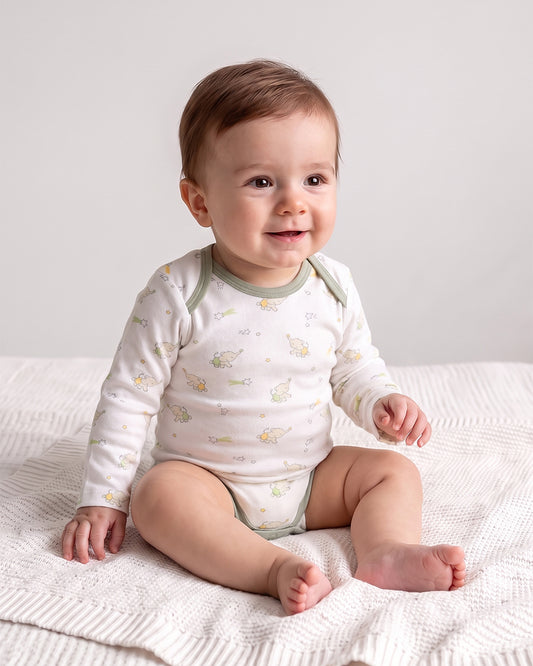 Twingle 100% Organic Cotton Bodysuit-Envelope Neck for Easy Dressing-Nickel Free Snaps-Elephant Print-Sage Green-Pack of 2-For Infants