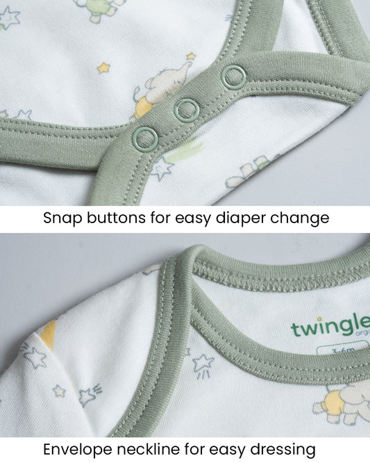 Twingle 100% Organic Cotton Bodysuit-Envelope Neck for Easy Dressing-Nickel Free Snaps-Long Sleeves-Elephant Print-White-For Infants