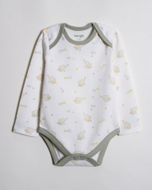 Twingle 100% Organic Cotton Bodysuits-Envelope Neck for Easy Dressing-Nickel Free Snaps-Long Sleeves-Elephant & Dino Print-White-Pack of 2-For Infants