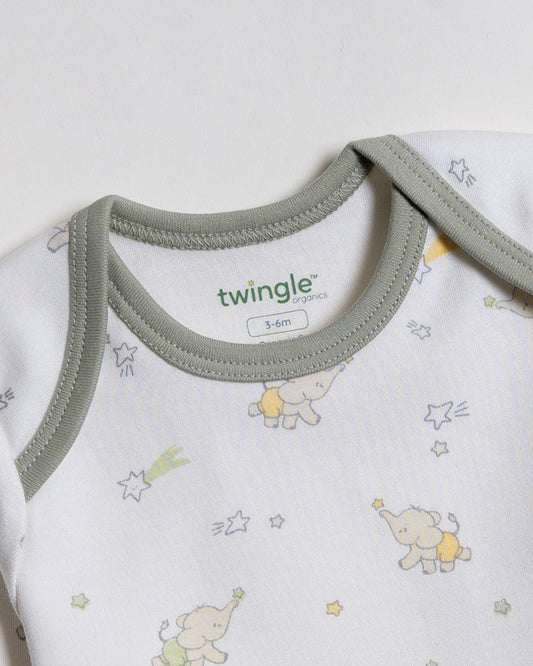 Twingle 100% Organic Cotton Baby Bodysuit & Leggings Set-Long Sleeves-Nickel Free Snaps-White-Elephant Print-For Infants