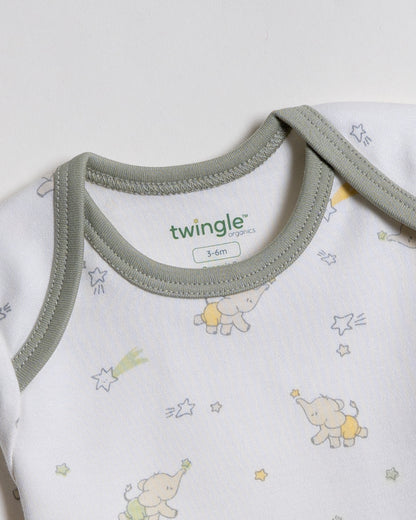 Twingle 100% Organic Cotton Bodysuit-Envelope Neck for Easy Dressing-Nickel Free Snaps-Elephant Print-Sage Green-Pack of 2-For Infants