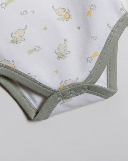 Twingle 100% Organic Cotton Baby Bodysuit-Long Sleeves-Nickel Free Snaps-White-Elephant Print-For Infants