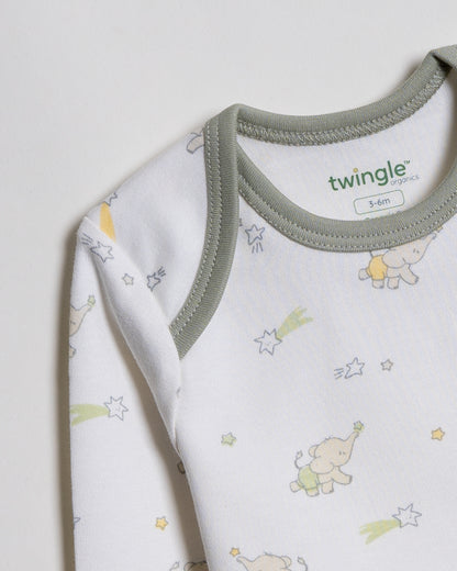 Twingle 100% Organic Cotton Baby Bodysuit-Long Sleeves-Nickel Free Snaps-White-Elephant Print-For Infants