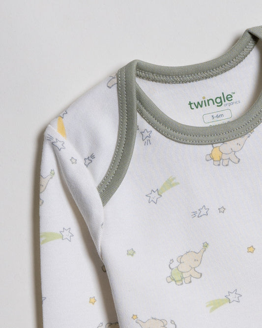 Twingle 100% Organic Cotton Bodysuits-Envelope Neck for Easy Dressing-Nickel Free Snaps-Long Sleeves-Elephant & Dino Print-White-Pack of 2-For Infants