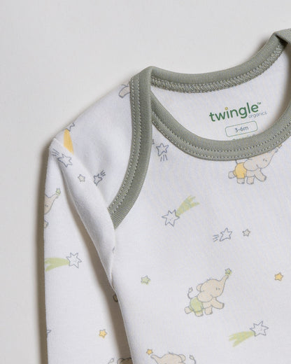 Twingle 100% Organic Cotton Bodysuit-Envelope Neck for Easy Dressing-Nickel Free Snaps-Elephant Print-Sage Green-Pack of 2-For Infants