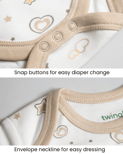 Twingle 100% Organic Cotton Bodysuit-Envelope Neck for Easy Dressing-Nickel Free Snaps-Long Sleeves-Hearts & Stars Print-White-For Infants