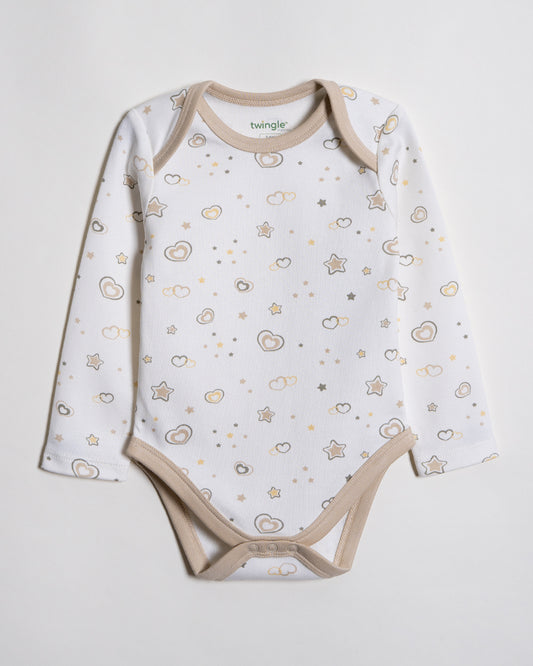 Twingle 100% Organic Cotton Baby Bodysuit-Long Sleeves-Nickel Free Snaps-White-Hearts & Stars Print-For Infants