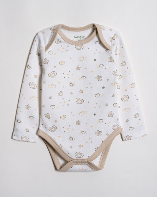 Twingle 100% Organic Cotton Bodysuit-Envelope Neck for Easy Dressing-Nickel Free Snaps-Hearts & Stars Print-Beige-Pack of 2-For Infants