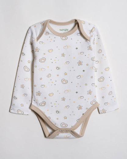 Twingle 100% Organic Cotton Baby Bodysuit & Leggings Set-Long Sleeves-Nickel Free Snaps-White-Hearts & Stars Print-For Infants