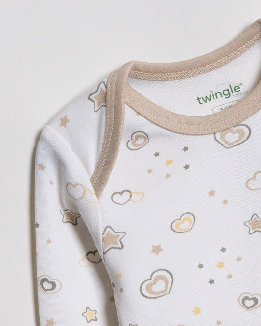 Twingle 100% Organic Cotton Baby Bodysuit-Long Sleeves-Nickel Free Snaps-White-Hearts & Stars Print-For Infants