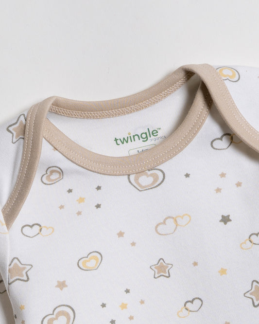 Twingle 100% Organic Cotton Baby Bodysuit-Long Sleeves-Nickel Free Snaps-White-Hearts & Stars Print-For Infants