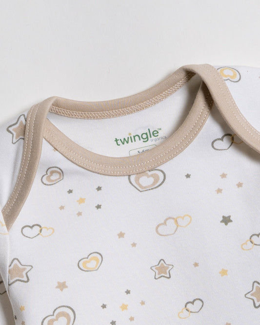 Twingle 100% Organic Cotton Bodysuit-Envelope Neck for Easy Dressing-Nickel Free Snaps-Hearts & Stars Print-Beige-Pack of 2-For Infants