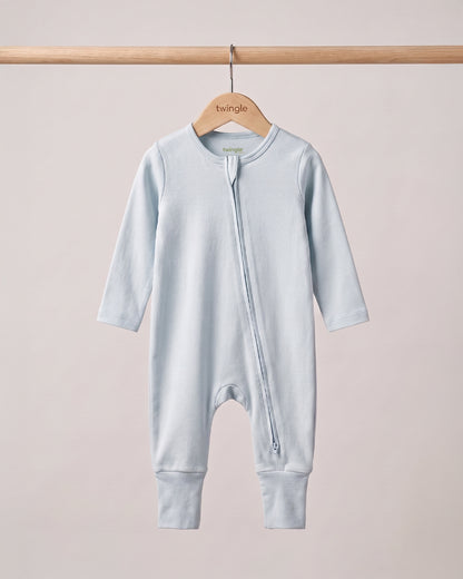Twingle 100% Organic Cotton Sleepsuit-Zip Guard to Protect Baby's Chin & Neck-Two Way Zipper for Easy Diaper Change-Inbuilt Booties & Mittens-Solid-Light Blue-For Infants