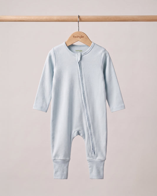 Twingle 100% Organic Cotton Sleepsuit-Zip Guard to Protect Baby's Chin & Neck-Two Way Zipper for Easy Diaper Change-Inbuilt Booties & Mittens-Solid-Light Blue-For Infants