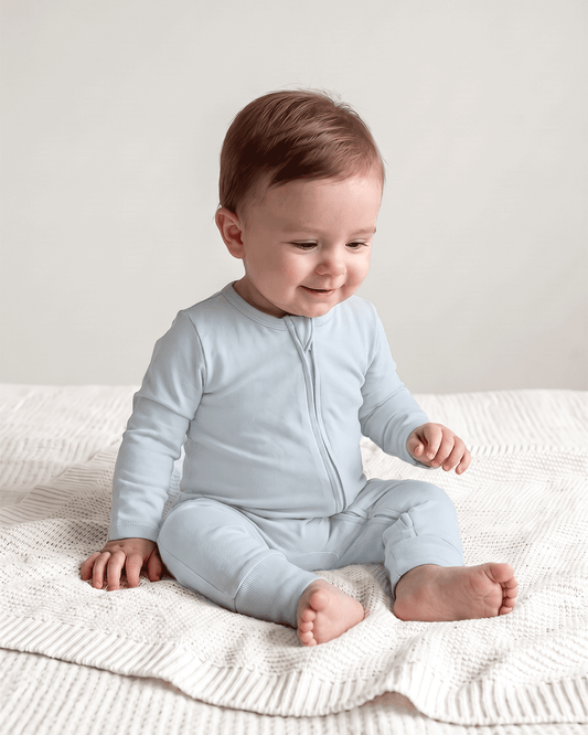 Twingle 100% Organic Cotton Sleepsuit-Zip Guard to Protect Baby's Chin & Neck-Two Way Zipper for Easy Diaper Change-Inbuilt Booties & Mittens-Solid-Light Blue-For Infants