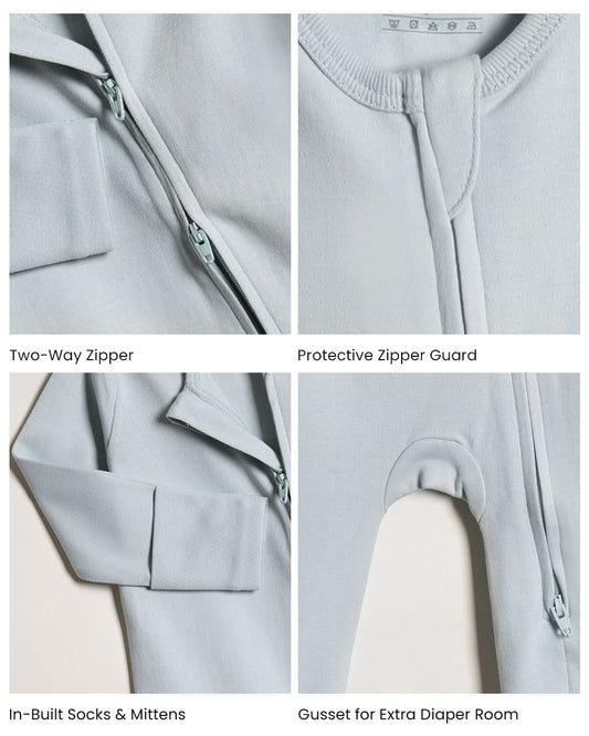 Twingle 100% Organic Cotton Sleepsuit-Zip Guard to Protect Baby's Chin & Neck-Two Way Zipper for Easy Diaper Change-Inbuilt Booties & Mittens-Solid-Light Blue-For Infants