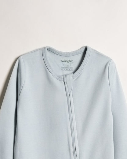 Twingle 100% Organic Cotton Baby Zipsuits-Sleepsuits-Two Way Zipper-Inbuilt Booties & Mittens-Sage Green & Light Blue-Solid-Pack of 2-For Infants