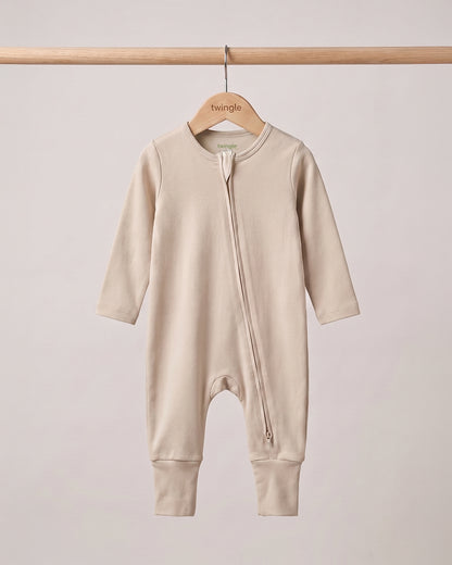 Twingle 100% Organic Cotton Sleepsuit-Zip Guard to Protect Baby's Chin & Neck-Two Way Zipper for Easy Diaper Change-Inbuilt Booties & Mittens-Solid-Beige-For Infants