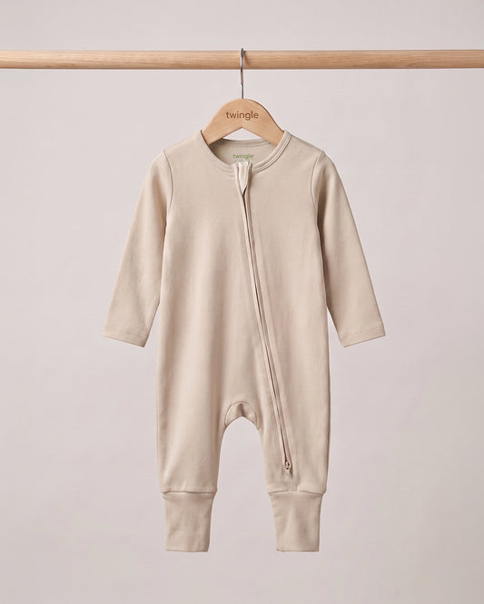 Twingle 100% Organic Cotton Sleepsuit-Zip Guard to Protect Baby's Chin & Neck-Two Way Zipper for Easy Diaper Change-Inbuilt Booties & Mittens-Solid-Beige-For Infants