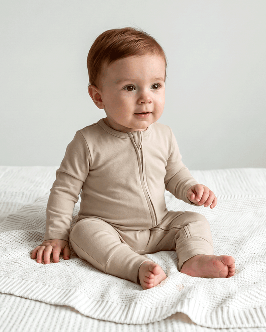 Twingle 100% Organic Cotton Sleepsuit-Zip Guard to Protect Baby's Chin & Neck-Two Way Zipper for Easy Diaper Change-Inbuilt Booties & Mittens-Solid-Beige-For Infants