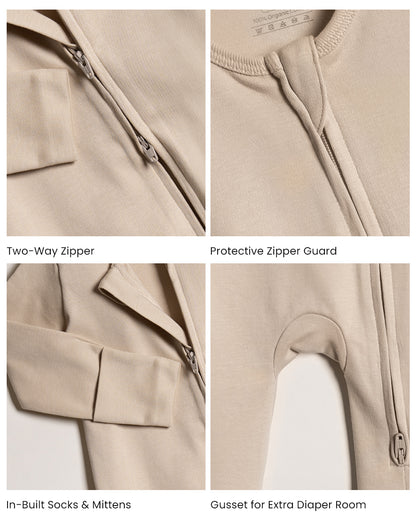 Twingle 100% Organic Cotton Sleepsuit-Zip Guard to Protect Baby's Chin & Neck-Two Way Zipper for Easy Diaper Change-Inbuilt Booties & Mittens-Solid-Beige-For Infants