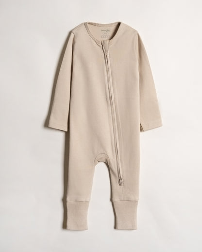 Twingle 100% Organic Cotton Baby Zipsuit-Sleepsuit-Two Way Zipper-Inbuilt Booties & Mittens-Beige-Solid-For Infants
