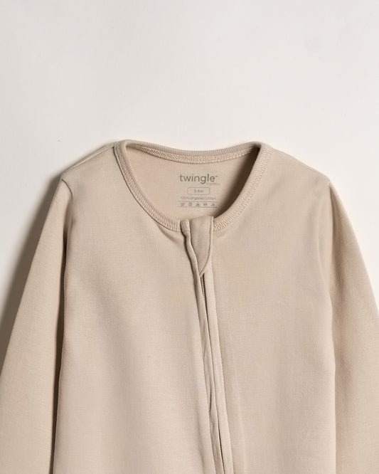 Twingle 100% Organic Cotton Baby Zipsuit-Sleepsuit-Two Way Zipper-Inbuilt Booties & Mittens-Beige-Solid-For Infants