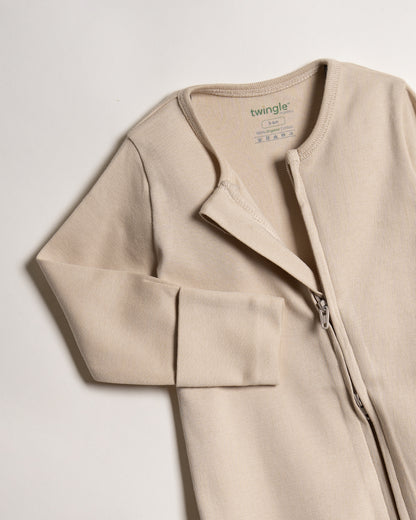 Twingle 100% Organic Cotton Baby Zipsuit-Sleepsuit-Two Way Zipper-Inbuilt Booties & Mittens-Beige-Solid-For Infants