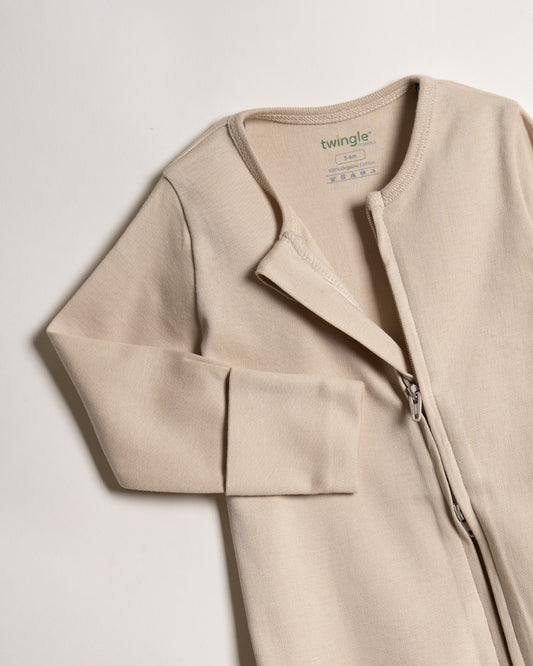 Twingle 100% Organic Cotton Baby Zipsuit-Sleepsuit-Two Way Zipper-Inbuilt Booties & Mittens-Beige-Solid-For Infants