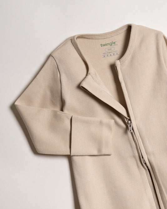 Twingle 100% Organic Cotton Baby Zipsuits-Sleepsuits-Two Way Zipper-Inbuilt Booties & Mittens-Beige & Pastel Pink-Solid-Pack of 2-For Infants