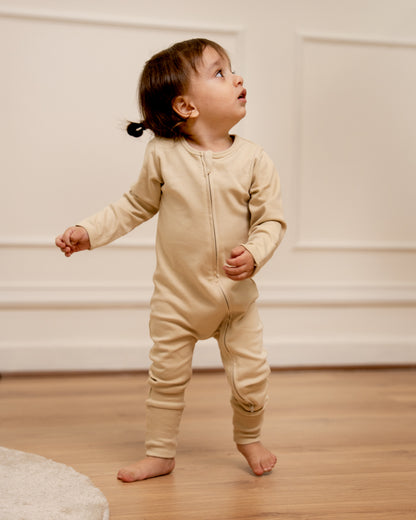 Twingle 100% Organic Cotton Baby Zipsuit-Sleepsuit-Two Way Zipper-Inbuilt Booties & Mittens-Beige-Solid-For Infants