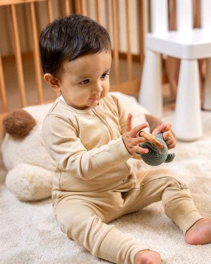 Twingle 100% Organic Cotton Baby Zipsuit-Sleepsuit-Two Way Zipper-Inbuilt Booties & Mittens-Beige-Solid-For Infants