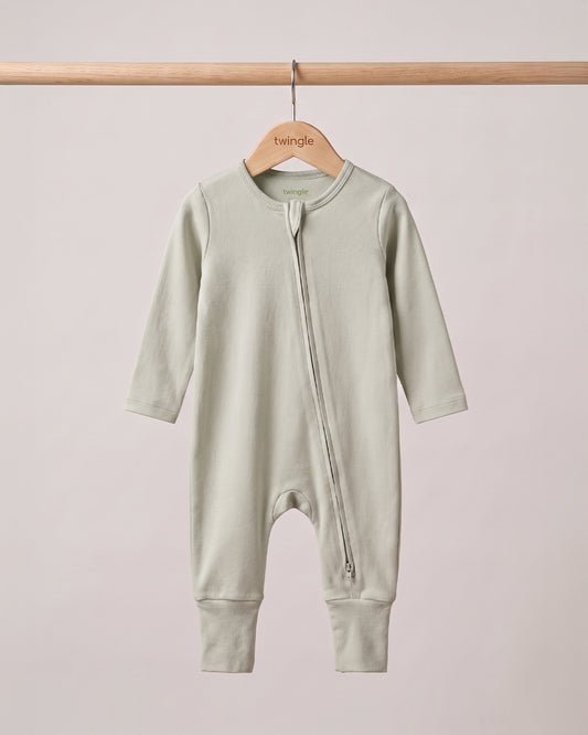 Twingle 100% Organic Cotton Sleepsuit-Zip Guard to Protect Baby's Chin & Neck-Two Way Zipper for Easy Diaper Change-Inbuilt Booties & Mittens-Solid-Sage Green-For Infants