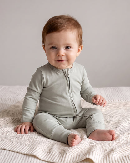 Twingle 100% Organic Cotton Sleepsuit-Zip Guard to Protect Baby's Chin & Neck-Two Way Zipper for Easy Diaper Change-Inbuilt Booties & Mittens-Solid-Sage Green-For Infants