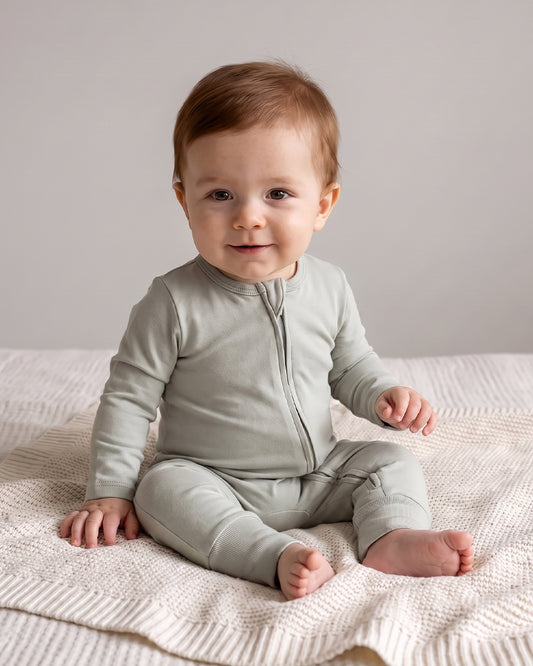 Twingle 100% Organic Cotton Sleepsuit-Zip Guard to Protect Baby's Chin & Neck-Two Way Zipper for Easy Diaper Change-Inbuilt Booties & Mittens-Solid-Sage Green-For Infants