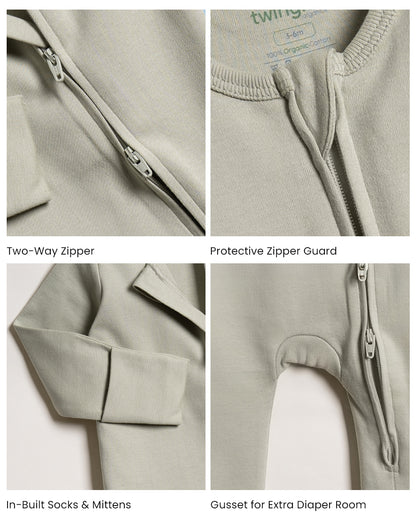 Twingle 100% Organic Cotton Sleepsuit-Zip Guard to Protect Baby's Chin & Neck-Two Way Zipper for Easy Diaper Change-Inbuilt Booties & Mittens-Solid-Sage Green-For Infants