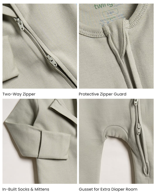 Twingle 100% Organic Cotton Sleepsuit-Zip Guard to Protect Baby's Chin & Neck-Two Way Zipper for Easy Diaper Change-Inbuilt Booties & Mittens-Solid-Sage Green-For Infants