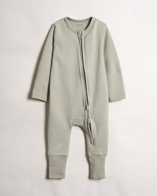 Twingle 100% Organic Cotton Baby Zipsuits-Sleepsuits-Two Way Zipper-Inbuilt Booties & Mittens-Sage Green & Yellow-Solid-Pack of 2-For Infants