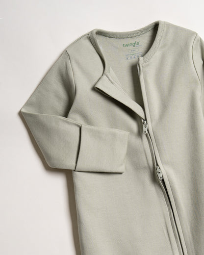Twingle 100% Organic Cotton Baby Zipsuit-Sleepsuit-Two Way Zipper-Inbuilt Booties & Mittens-Sage Green-Solid-For Infants