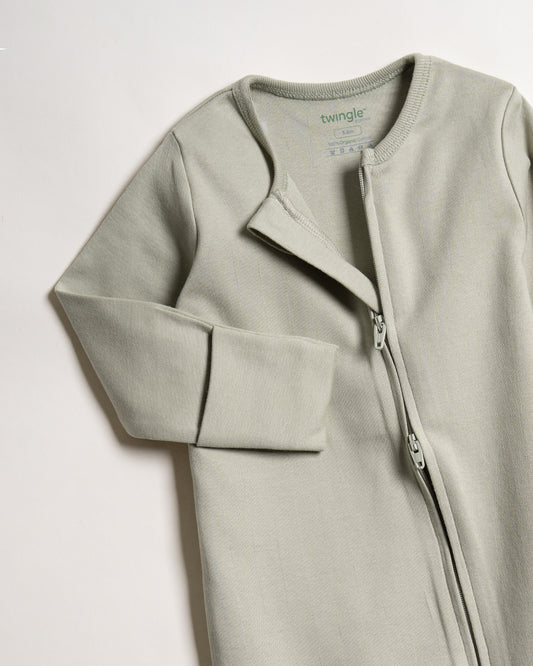 Twingle 100% Organic Cotton Baby Zipsuit-Sleepsuit-Two Way Zipper-Inbuilt Booties & Mittens-Sage Green-Solid-For Infants