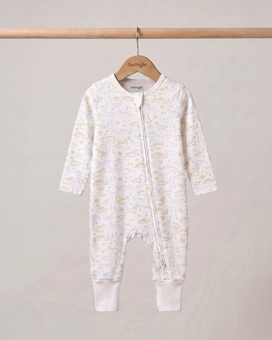 Twingle 100% Organic Cotton Sleepsuit-Zip Guard to Protect Baby's Chin & Neck-Two Way Zipper for Easy Diaper Change-Inbuilt Booties & Mittens-Dino Print-White-For Infants