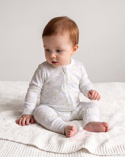 Twingle 100% Organic Cotton Sleepsuit-Zip Guard to Protect Baby's Chin & Neck-Two Way Zipper for Easy Diaper Change-Inbuilt Booties & Mittens-Dino Print-White-For Infants