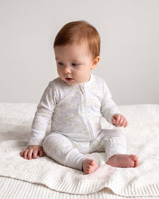 Twingle 100% Organic Cotton Sleepsuit-Zip Guard to Protect Baby's Chin & Neck-Two Way Zipper for Easy Diaper Change-Inbuilt Booties & Mittens-Dino Print-White-For Infants
