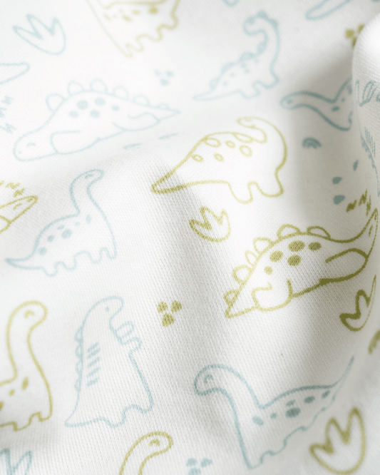 Twingle 100% Organic Cotton Sleepsuit-Zip Guard to Protect Baby's Chin & Neck-Two Way Zipper for Easy Diaper Change-Inbuilt Booties & Mittens-Dino Print-White-For Infants
