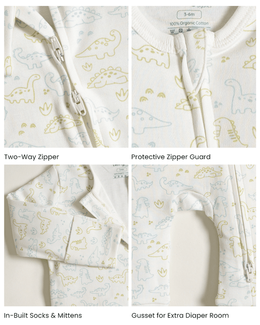 Twingle 100% Organic Cotton Sleepsuit-Zip Guard to Protect Baby's Chin & Neck-Two Way Zipper for Easy Diaper Change-Inbuilt Booties & Mittens-Dino Print-White-For Infants