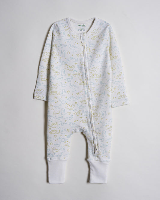 Twingle 100% Organic Cotton Baby Zipsuit-Sleepsuit-Two Way Zipper-Inbuilt Booties & Mittens-White-Dino Print-For Infants